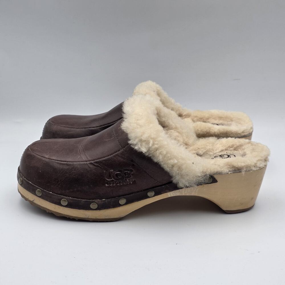 UGG Brown Leather Shearling Clog Heels with Cream Fur Trim